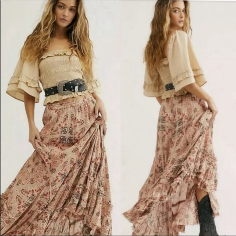 Free People One Cypress Printed & Ruffle Tiered Maxi Skirt Size Small